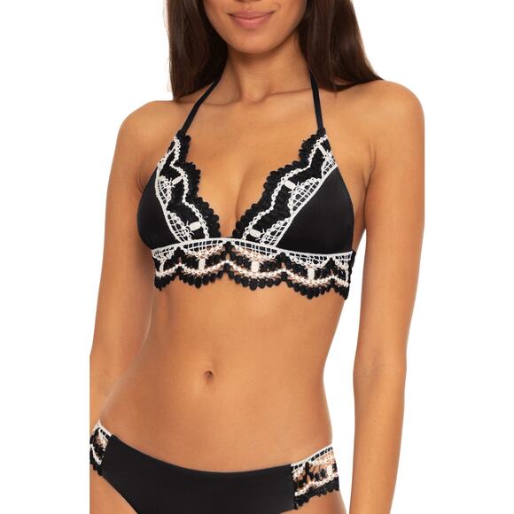 Becca Delilah Black White Lace Trim Halter Bikini Swimsuit Top Size Large - Picture 1 of 7